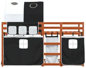 fehér/fekete tömör fenyőfa emeletes ágy függönyökkel 80x200 cm