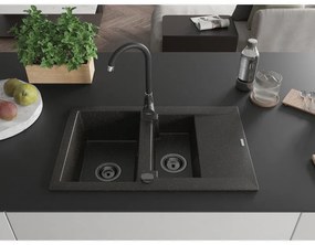 Mexen Gaspar, gránit mosogató 737x475x177 mm, 1,5 kamrás, fekete-arany metál fekete szifonnal, 6507731505-75-B