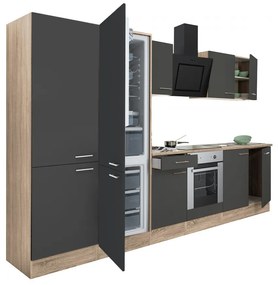 Yorki 330 konyhabútor sonoma tölgy korpusz,selyemfényű antracit front alsó sütős elemmel polcos szekrénnyel és alulfagyasztós hűtős szekrénnyel