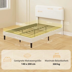 HOMCOM Ágy 140x200 cm Ágykeret állítható kárpitozott teddy fleece fejtámlával, fehér