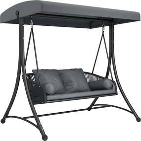 Outsunny rattan hollywood-hinta – 2 személyes kerti pad állítható napellenzővel és párnákkal, A-tartó, teherbírás 240 kg, 178 x 120 x 172 cm (sötétszü