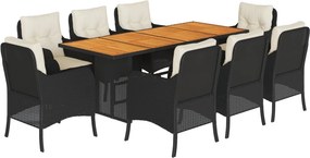 vidaXL 9 részes fekete polyrattan kerti étkezőgarnitúra párnákkal