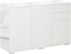 HOMCOM Nappali Tálaló 3 Ajtóval, 2 Fiókkal és Állítható Polccal Konyhába és Hálószobába - Antitipli, 117x36x74 cm Magas Fényű Fehér | Aosom