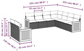 9 részes fekete polyrattan kerti ülőgarnitúra párnákkal