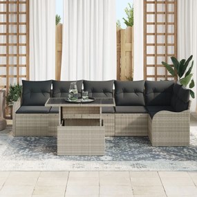 7 darabos kerti kanapé szett párnákkal világosszürke poly rattan, 2 személyes kerti kanapé párnákkal világosszürke poly rattan