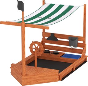 Outsunny Nagy Homokozó Fedéllel Hajó Formájú Fa Játék Házikó Konyhai Játszószettel Gyerekeknek 3-7 Év Zöld 180 x 103 x 144,5 cm | Aosom