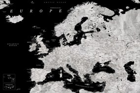 Black and grey detailed map of Europe in watercolor Térképe, Blursbyai, (40 x 26.7 cm)