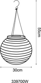 Globo 339700W Solar függőlámpa műanyag fehér, rozsdamentes acél, műanyag fehér, kábel PVC fehér, csúszókapcsoló, elemmel együtt AAA 300mAh 1.2V, IP44, ø: 300mm, M: 550mm, tartozék: LED 0.06W 3V, 2700K