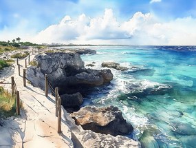 Vászonkép Canvas Tájkép Türkiz Óceán Tengerpart Sziklák Szikla Barlang 100x75