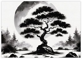 Üveg kép – Fekete-fehér bonsai (70x50 cm)