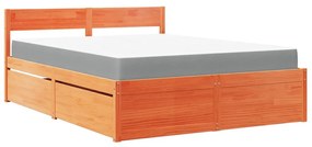 viaszbarna tömör fenyőfa ágy fiókokkal és matraccal 160x200 cm