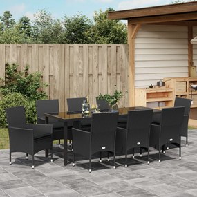 9 Darabos Kerti Étkezősor Párnákkal Fekete Poli Rattan, Kerti Asztal Fekete 200x80x73 cm Edzett Üveg
