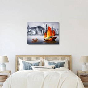 Festmény - Victoria Harbour, Hong Kong, fekete-fehér olajfestmény (üvegen) (70x50 cm)