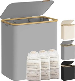 Szennyeskosár fedéllel, 3 rekeszes, 150 L, kivehető zsák, 60 x 38,5 x 70,5 cm, szürke