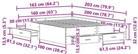 fiókos ágykeret Fekete tölgy Szerelt fa 160 x 200 cm Ágykeret