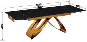 Fekete Márványhatású Bővíthető Kerámia Asztal Arany Lábbal. LUIGI 160-240 cm