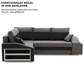 Grande sarokkanapé polcokkal és puffokkal , polc a bal karfaban puffok a jobb karfaban, baloldali, szövet anyag, bonell töltet, szürke - fekete