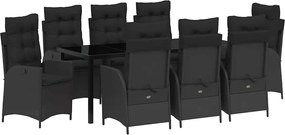 vidaXL Kert étkező szett párnával 9 pcs Fekete polirattan