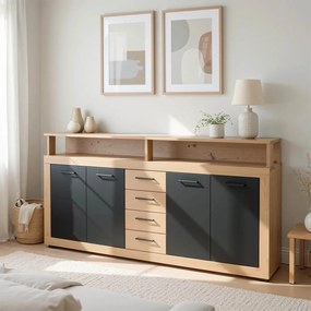 Komód 190 cm méretben, artisan tölgy/fekete színben BLAGO