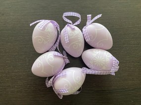 Szalagos lila húsvéti tojás függődísz szett, 6db, 6x4,5cm