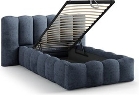 Sötétkék kárpitozott ágyneműtartós egyszemélyes ágy ágyráccsal 90x200 cm Lupine – Micadoni