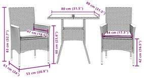 vidaXL 3 részes fekete polyrattan/üveg kerti étkezőgarnitúra párnákkal