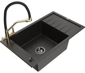 Mexen Elias 1-medencés gránit mosogató csepegtetővel és konyhai csapteleppel Duo, fekete/arany metál - 6511-75-671701-57-B