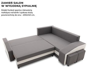 Grande sarokkanapé polcokkal és puffokkal , polc a bal karfaban puffok a jobb karfaban, jobboldali, szövet anyag, hab töltet, szürke - fehér