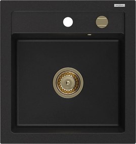 Mexen Vito, gránit mosogató 520x490x210 mm, 1 kamrás, fekete, arany szifonnal, 6503521000-77-G