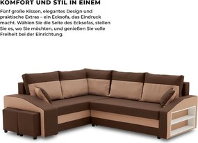 Grande sarokkanapé polcokkal és puffokkal , polc a jobb karfaban puffok a bal karfaban, baloldali, szövet anyag, bonell töltet, barna