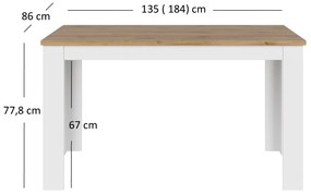 Széthúzható étkezőasztal 135-184 cm Vina (fehér + wotan tölgy). Akció -18%. 1053361