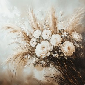 Vászonkép Canvas Csokor Fű Bazsarózsa Rózsa Kompozíció Boho 80x80