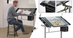 Tervező asztal dönthető,üveg asztallappal