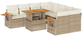 9 részes bézs polyrattan akácfa kerti ülőgarnitúra párnákkal