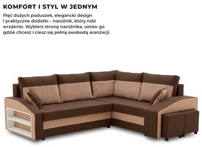 Grande sarokkanapé polcokkal és puffokkal , polc a bal karfaban puffok a jobb karfaban, jobboldali, szövet anyag, hab töltet, barna