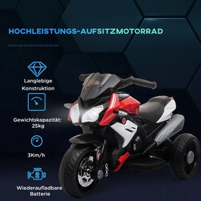 HOMCOM Elektromos Gyerekmotor, fények és hangok, 3 km/h, újratölthető, műanyag és fém, fekete-piros