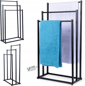 Törölközőtartó állvány fürdőszobai padló akasztó álló fém fekete