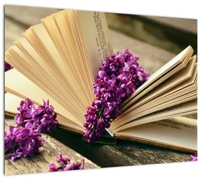 Kép egy könyvröl és a lila virágok (70x50 cm)