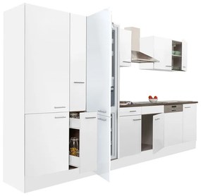 Yorki 370 konyhabútor fehér korpusz,selyemfényű fehér fronttal polcos szekrénnyel és alulfagyasztós hűtős szekrénnyel