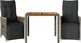 vidaXL 3 részes szürke polyrattan kerti bisztrógarnitúra párnákkal