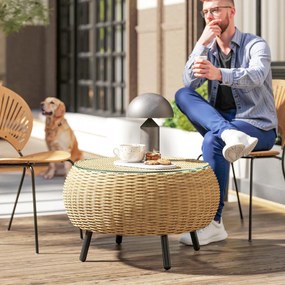 Rattan kerek kerti asztal, üveglappal, barna Ø75 x 42 cm