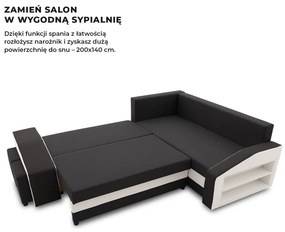 Grande sarokkanapé polcokkal és puffokkal , polc a jobb karfaban puffok a bal karfaban, jobboldali, szövet anyag, bonell töltet, fekete - fehér