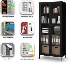 ANGELO üveges vitrin nappaliba – fekete fém, 800 x 1850 x 450 mm