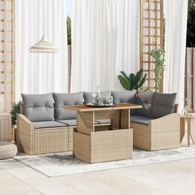 6 darabos Kerti Étkező Szett Párnákkal Bézs Poli Rattan Acacia