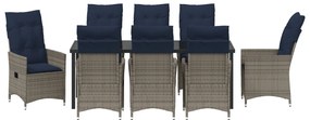 9 Részes Kerti Étkezőszett Párnákkal Szürke Poly Rattan