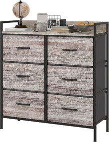 HOMCOM 6 Fiókos Textile Tárolószekrény Fa Hatással, Fa Fogantyúkkal, Acél Kerettel, Ipari Design, Szürke | Aosom