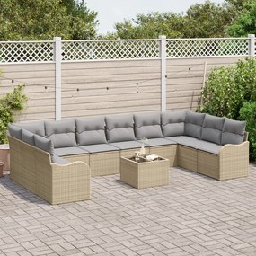 11 darabos kertiszófakészlet párnákkal, fekete poli rattan, 2 fős kertiszofa párnákkal, bézs poli rattan