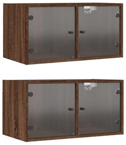 2 db barna tölgy színű faliszekrény üvegajtókkal 68,5x37x35 cm