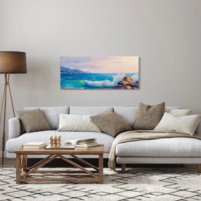 A sziklákat megütő hullámok képe, olajfestmény (120x50 cm)