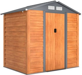 Outsunny 2.68m² Kertiszerszám-tároló Galvánozott Acélból, Leeresztő Nyílásokkal, Szellőzőkkel, Dőlt Tetővel, Dupla Zárható Tolóajtókkal, Fa Hatású Diz